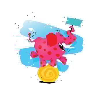 Illustration of a cartoon pink elephant on a ball. Vector illustration. Image is isolated on white background. Illustration for a banner, congratulations, holiday, children's shop. Mascot.