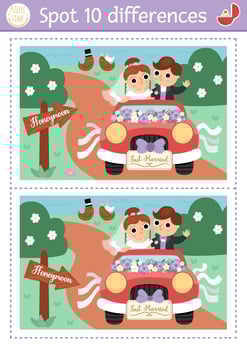Find differences game for children. Wedding educational activity with cute married couple. Marriage ceremony puzzle for kids with bride and groom going to Honeymoon. Printable worksheet, page vector