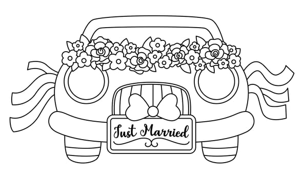 Vector black and white wedding car decorated with flowers and ribbons. Honeymoon line automobile with just married plate. Cute marriage clipart. Bride and groom transportation coloring page
