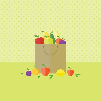 A paper bag with various fruits on the kitchen table vector