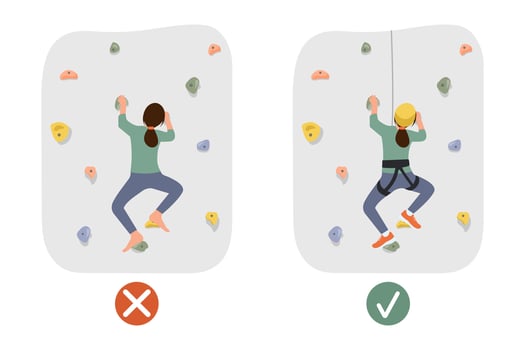 A climbing wall safety rules. Female athlete with rope training on climbing rock wall.Using personal protective equipment.Vector illustration vector
