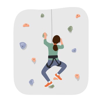 Woman climbs on a climbing wall. Female athlete with rope training on climbing rock wall. Adventure park. Vector illustration