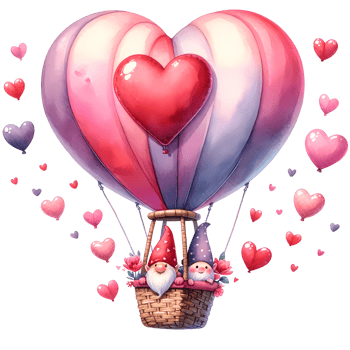 AI generated Valentines day card with cute gnome couple in love on hot air balloon png