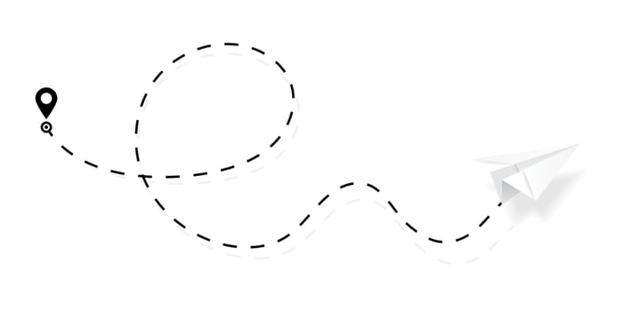Airplane path in dotted, dashed line shape. Route of paper plane isolated on white background. Vector