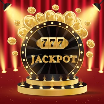 Casino jackpot podium. 3d retro casino podium. Podium with coins, slot machine and jackpot. Casino scene, stage, studio or room. vector