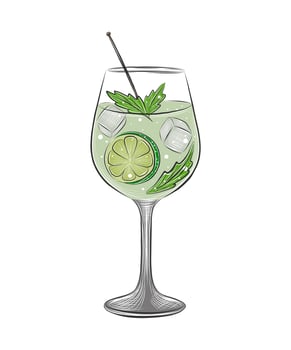 Vector engraved style Hugo alcoholic cocktail with ice cubes, splashes illustration for posters, decoration, menu and logo. Hand drawn sketch of drink, beverage isolated on white background.