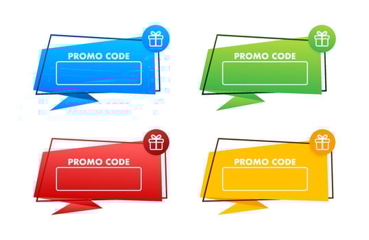 Set colorful gift tags with a present on them. Promo, Coupon code banner with gift box. Vector stock illustration