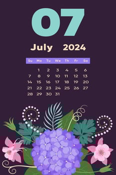 Floral July 2024 calendar template. With bright colorful flowers and leaves. vector