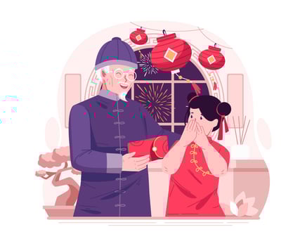 Illustration of a Happy Asian Girl Receiving a Red Envelope or Lucky Money From Her Grandfather to Celebrate Chinese New Year vector