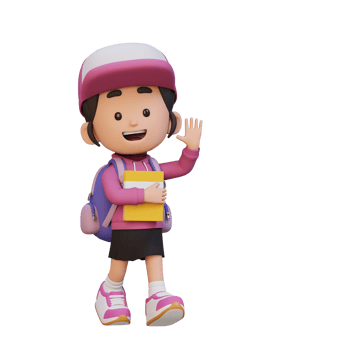 3D happy girl character walking go to school holding book and waving hand png