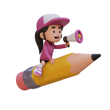 3D girl character riding a pencil and holding megaphone png