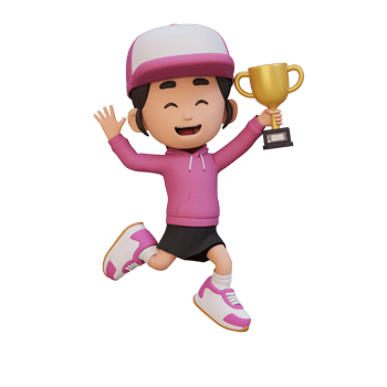 3D girl character celebrating win holding a trophy png