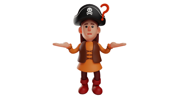 3D illustration. Pirate 3D Cartoon Character. The pirate is confused and questioning something. A pirate with a question mark on it. Pirate shows a cute expression. 3D cartoon character png