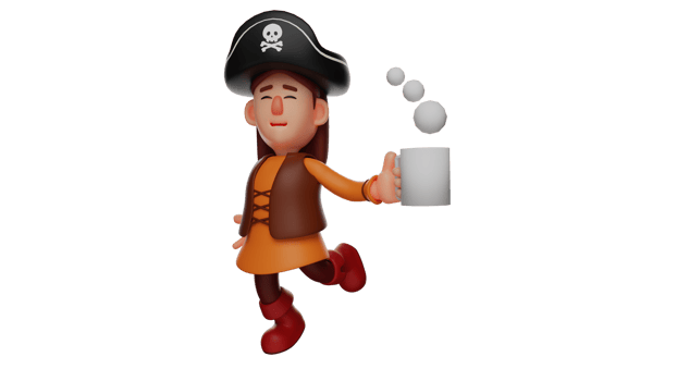 3D illustration. Girl 3D Cartoon Character. A beautiful girl who likes to wear pirate costumes. A little pirate running while carrying a glass of hot drink. 3D cartoon character png