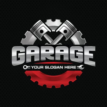 Automotive garage vector logo template. Emblem with gear and piston elements.