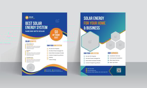 Green energy flyer templates and solar panel business poster layout design vector