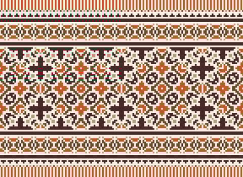 Pixel Cross Stitch pattern with Floral Designs. Traditional cross stitch needlework. Geometric Ethnic pattern, Embroidery, Textile ornamentation, fabric, Hand stitched pattern, Cultural stitching vector