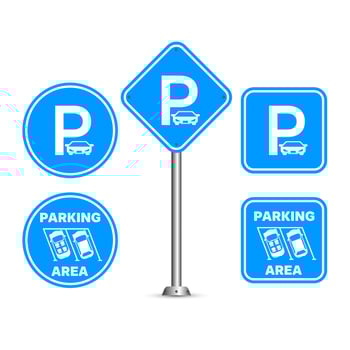 Parking signs collections. Parking area sign is a circle and square in blue color. Parking area sign icon vector