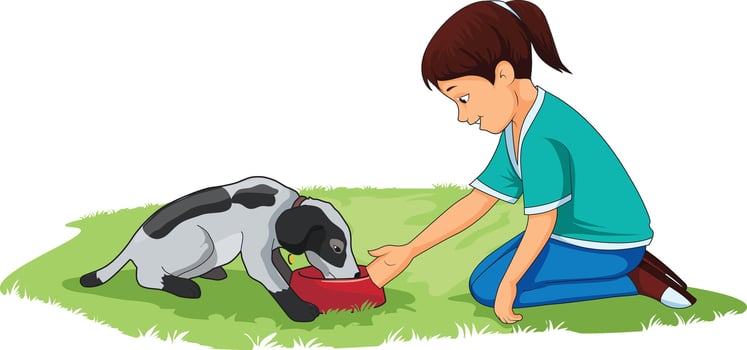 Cute girl feeding milk to a puppy vector