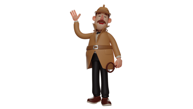 3D illustration. Detective 3D Cartoon Character. The detective stood up and laughed happily. The friendly detective waves his hand to someone he meets on the street. 3D cartoon character png