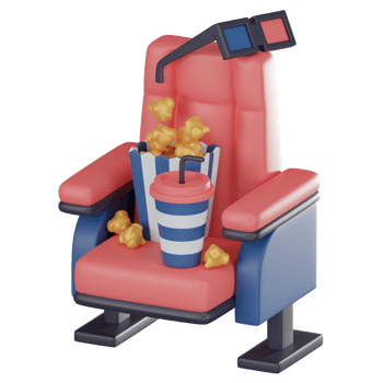 Cinematic Comfort, of Cinema Chair, Soda, Popcorn, and 3D Glasses. 3D render png