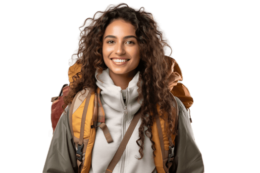 AI generated Indian Female Tourist Backpacking, Smiling Happily on Transparent Background. AI png