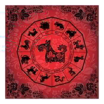 dog card in red and black colors in ethnic Russian style, symbol of the year, vector illustration