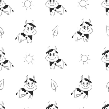 Cow grazing in the meadow seamless pattern in doodle style vector