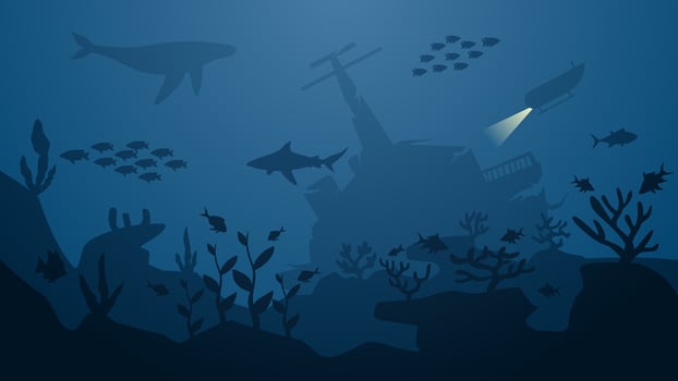 Underwater seascape vector illustration. Deep seascape with shipwreck, submarine, fish and coral reef. Undersea landscape for illustration, background or wallpaper