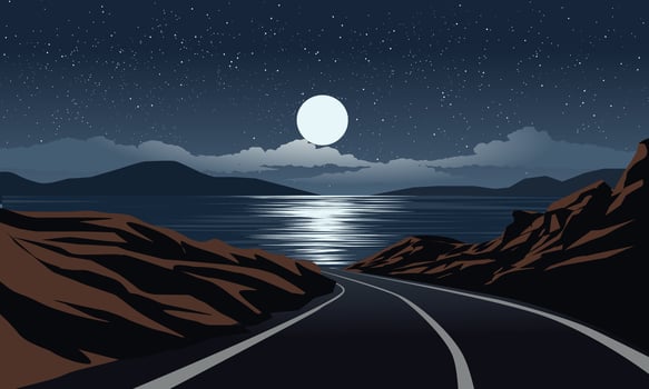 Nighttime landscape with lake, road, hill, moon and star vector