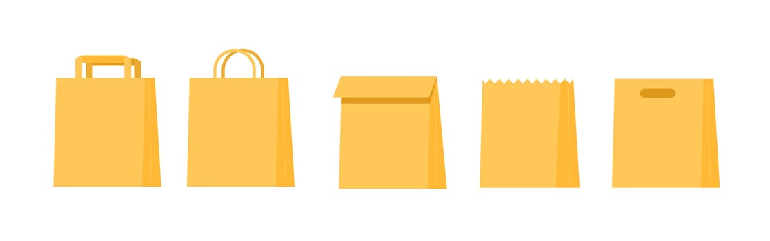 Set of ecological paper bag in different shapes. Eco packaging for shop, cafe, store. Shopping green. Flat vector cartoon illustration on white background.