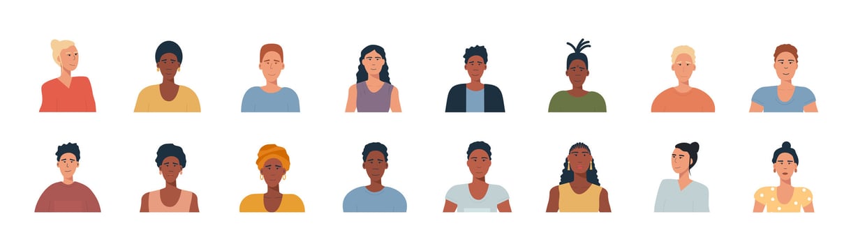 People portraits set - hand drawn flat style vector design concept illustration of young men and women, male and female faces and shoulders avatars. Flat style vector icons set. Ethnic minority, LGTB