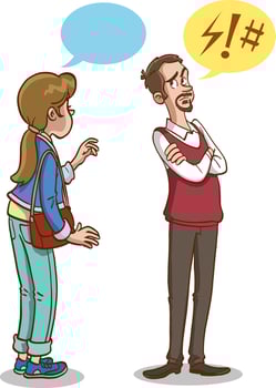 Concept of divorce, misunderstanding in family. Angry man and offended woman standing separately from each other. Relationship break up, crisis. Vector illustration in flat cartoon style.