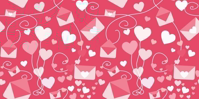Seamless pattern with Romantic symbols. Hearts and Love Messages, Envelopes, Decoration for Wedding and Valentines day. Vector Flat Background for Wrapping paper, Textile, Fabric, Wallpaper.