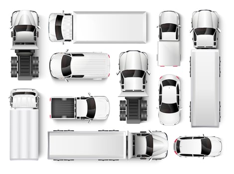 Top view of cars and trucks. Isolated realistic vehicles on a white background. Vector illustration