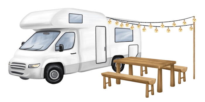 Traveling on a white motorhome. Camping in a mobile home, van, camper. A campsite in the forest with a campfire and a bench. Outdoor activities. Family leisure and holidays. Isolated illustration png