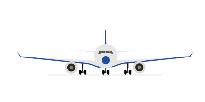 Passenger airplane, front view. Flat illustration of aeroplane with portholes, wings and engines png