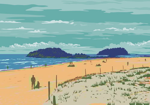 Surf Beach in Mount Maunganui Bay of Plenty New Zealand WPA Poster Art vector