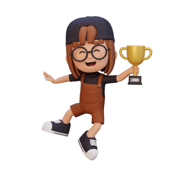 3D girl character celebrating win holding a trophy png