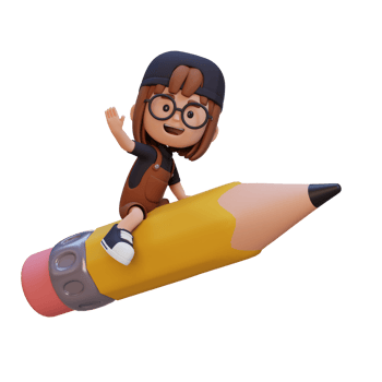 3D girl character riding a pencil and waving hand png