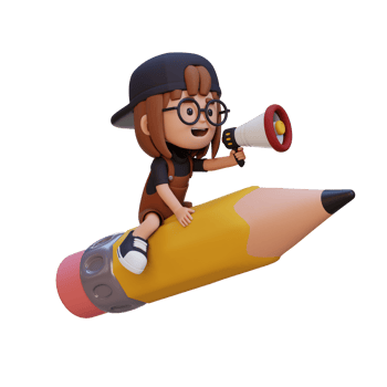 3D girl character riding a pencil and holding megaphone png