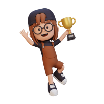 3D girl character celebrating win holding a trophy png