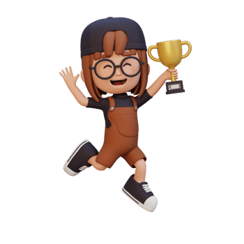 3D girl character celebrating win holding a trophy png