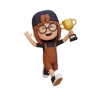 3D girl character celebrating win holding a trophy png