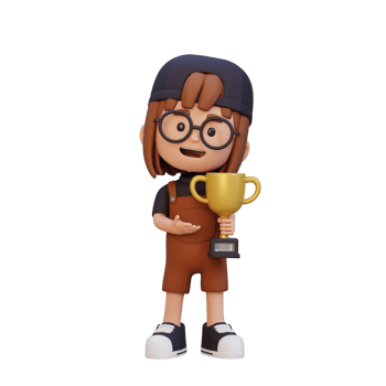 3D girl character celebrating win holding a trophy png