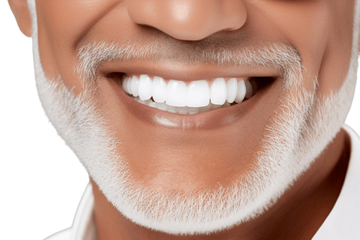 AI generated Close-up of Senior male perfect white teeth with a shade guide the bleach color isolated on transparent background. png