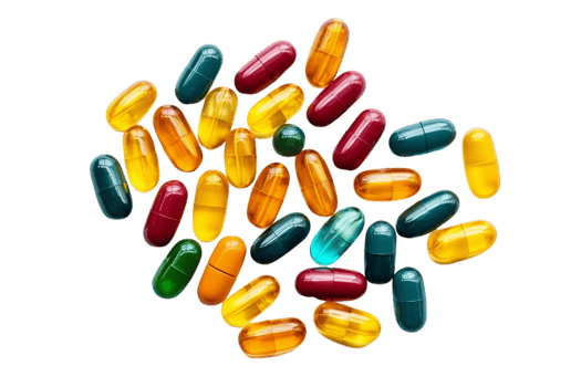 AI generated Group of vitamin supplement pills or drugs for treatment, on transparent background. png