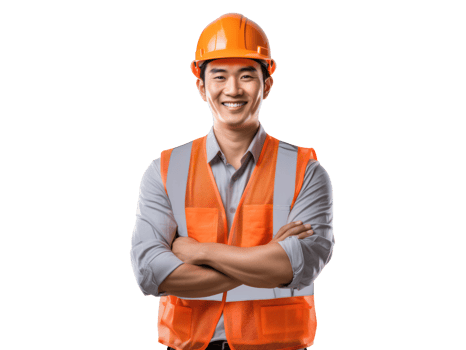 AI generated Asia engineer in helmet and orange vest, smiling, isolated on transparent background. png