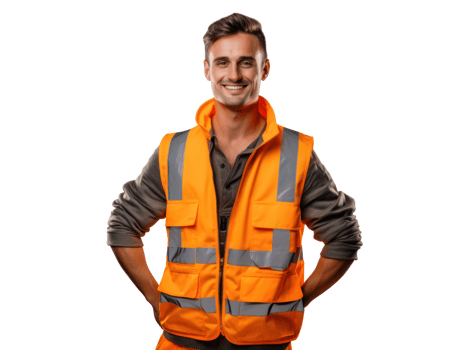 AI generated Young engineer man in helmet and orange vest, smiling, isolated on transparent background. png