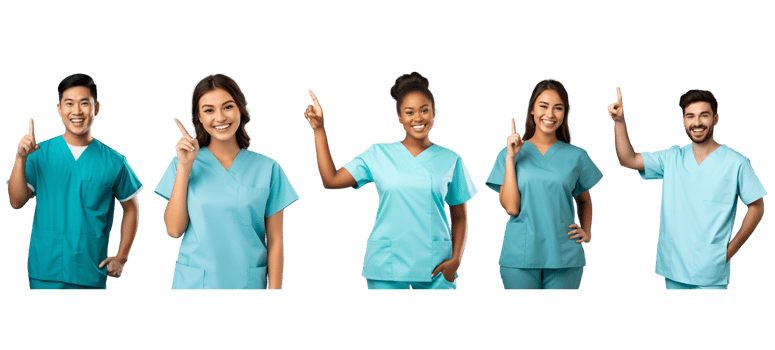 AI generated Different male, female medic workers in uniform scrub, lab coat, gown ,smiling and pointing on transparent background. png